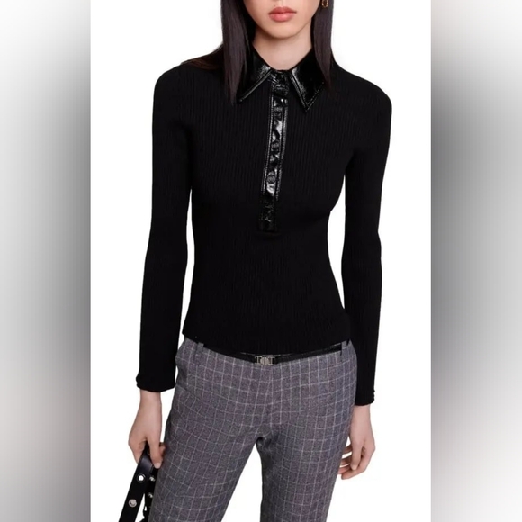 Maje Leather Collar Long Sleeve - Picture 1 of 5
